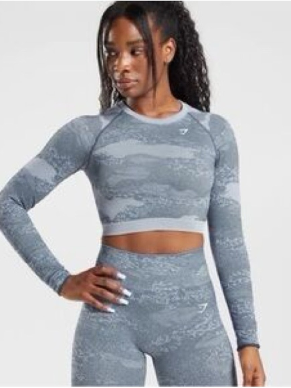 Gymshark light blue Camo Long Sleeve Crop Top